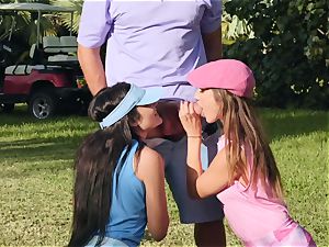 Golf course slit bashing with Adria Rae and Jade Amber